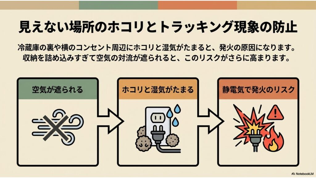 「空気が遮られる」「ホコリと湿気がたまる」「静電気で発火のリスク」の3ステップをフローチャート形式で説明。コンセント周辺にホコリがたまることで起こるトラッキング現象の危険性を啓発するスライド