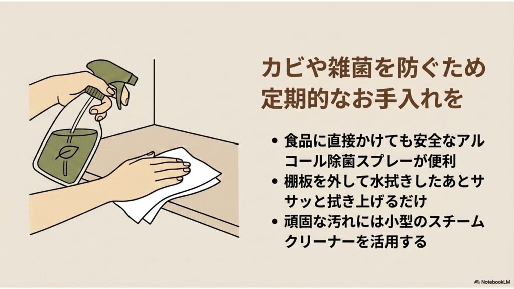 アルコール除菌スプレーで冷蔵庫の棚板を拭き掃除しているイラスト。食品に直接かけても安全なスプレーの使用や、小型スチームクリーナーの活用について解説しています