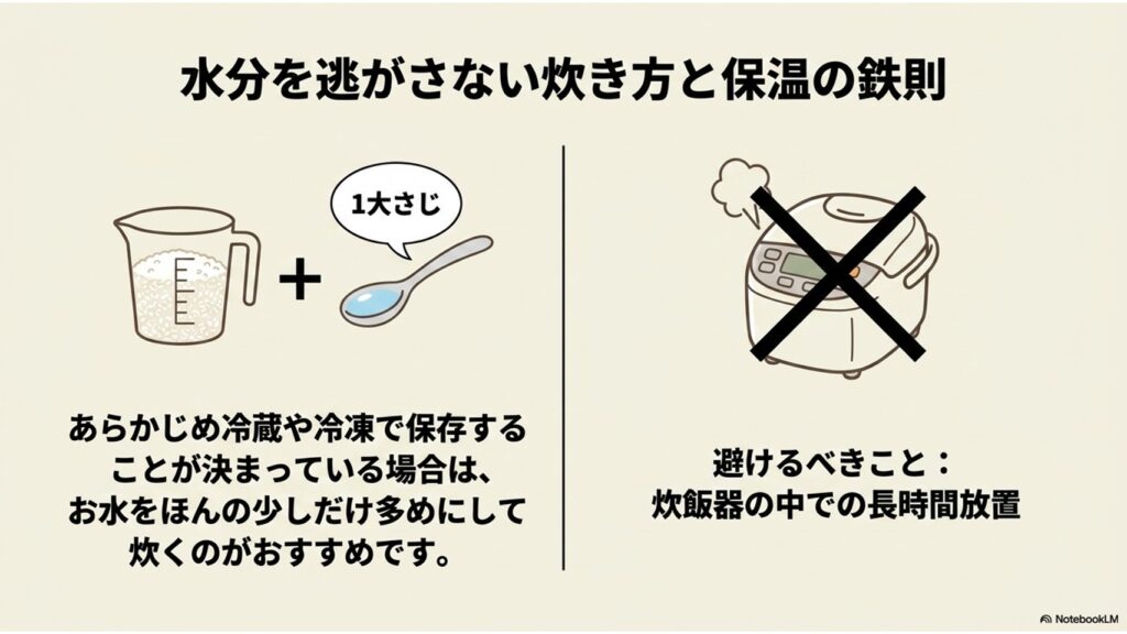 水分を逃がさない炊き方と保温の鉄則。炊飯時に水を大さじ1杯多めにすることと、炊飯器での長時間放置を避けることを示すイラスト