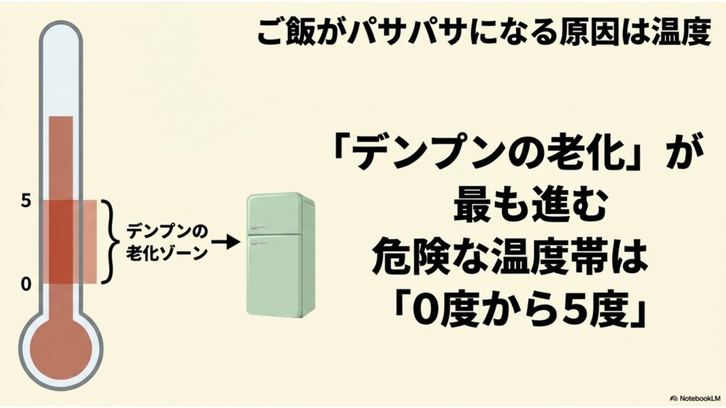 ご飯がパサパサになる原因は温度。「デンプンの老化」が最も進む危険な温度帯は「0度から5度」であることを示す図解