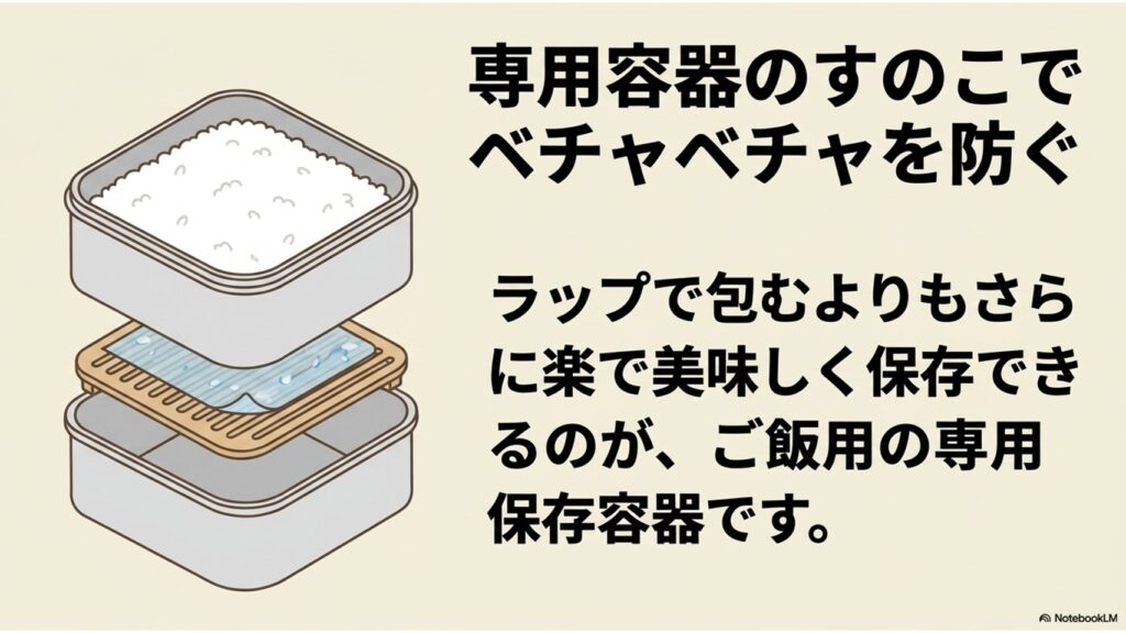 専用容器のすのこでベチャベチャを防ぐ。ラップで包むよりもさらに楽で美味しく保存できる、ご飯用の専用保存容器の構造を示すイラスト