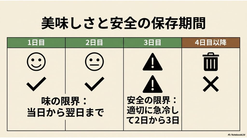 美味しさと安全の保存期間の目安。当日から翌日までは味の限界、2日から3日目は安全の限界、4日目以降は廃棄すべきことを示す図解