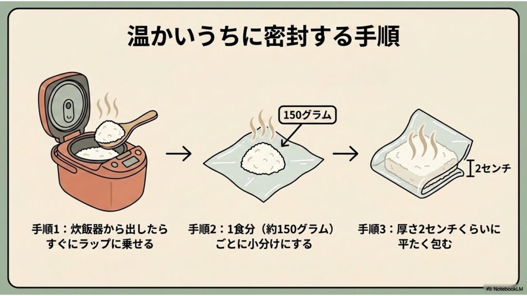 温かいうちに密封する手順。炊飯器から出したらすぐにラップに乗せ、1食分（約150グラム）ごとに小分けにし、厚さ2センチくらいに平たく包む手順のイラスト