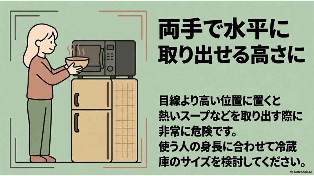 女性が冷蔵庫の上の電子レンジから両手でボウルを取り出しているイラスト。両手で水平に取り出せる高さにすること、目線より高い位置に置くと熱いスープなどを取り出す際に非常に危険であること、使う人の身長に合わせて冷蔵庫のサイズを検討するよう書かれています