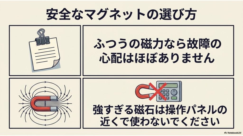 安全なマグネットの選び方のイラスト。普通の磁力なら故障の心配はほぼないが、強すぎる磁石は操作パネルの近くで使わないよう注意喚起している