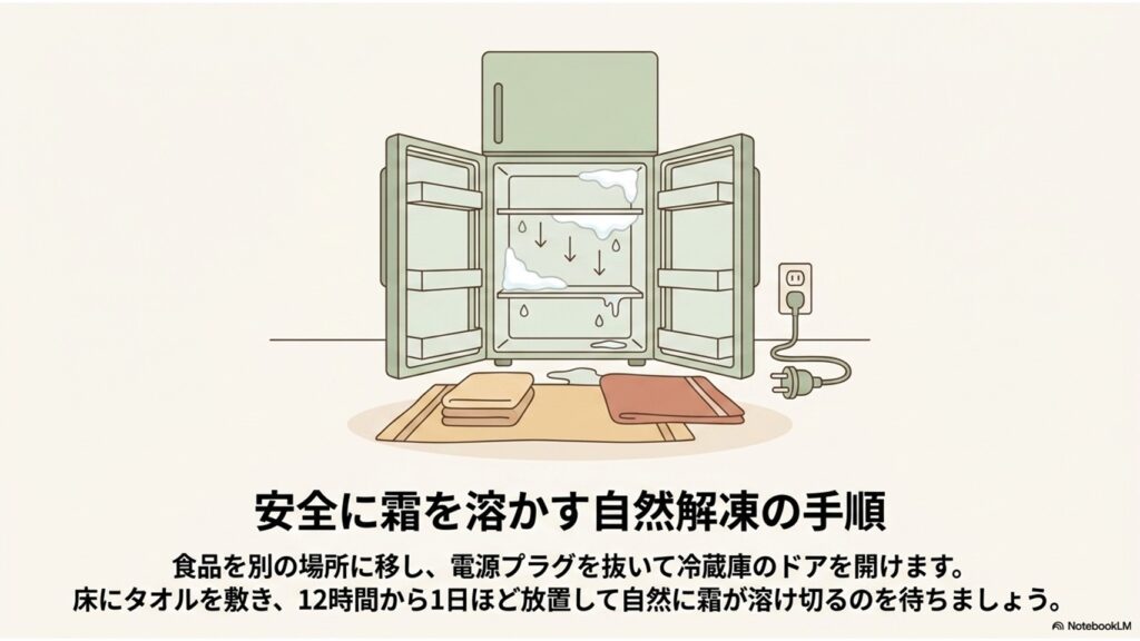 電源を抜き、タオルを敷いてドアを開放し、12〜24時間かけて自然解凍するステップ