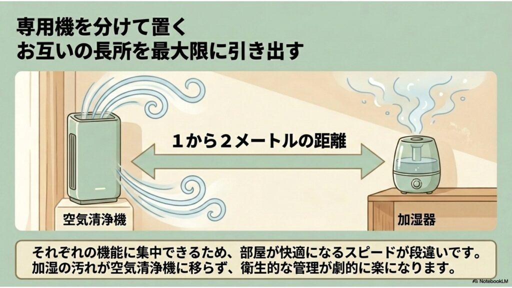 空気清浄機と加湿器を1〜2メートル離して置くことで、干渉を防ぎそれぞれの性能を最大化する様子を描いた図