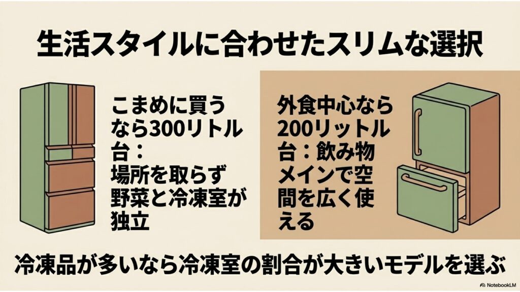 こまめに買うなら300L台、外食中心なら200L台という生活スタイルに合わせたスリムな冷蔵庫の選択と、冷凍品が多い場合は冷凍室の割合が大きいモデルを選ぶコツを解説したイラスト
