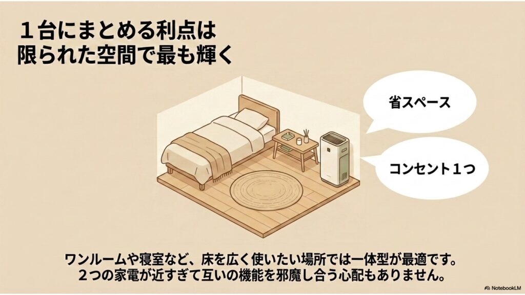 ワンルームや寝室などで、省スペースかつコンセント1つで全部管理できる一体型のメリットを表現した図