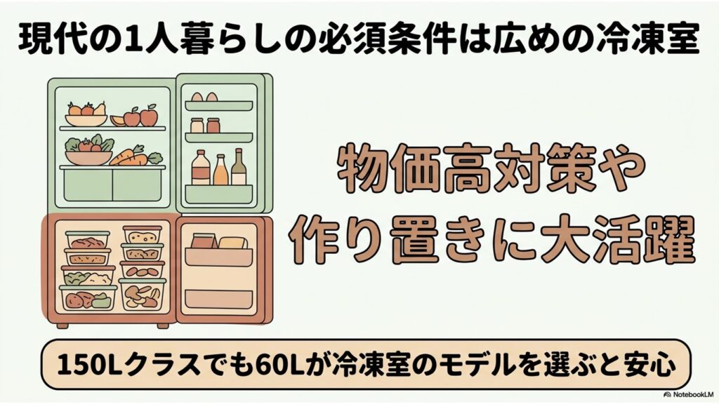 現代の一人暮らし向け冷蔵庫は、広めの冷凍室が必須。物価高対策や作り置きに備え、150Lクラスでも60Lの冷凍室があるモデルを選ぶと安心