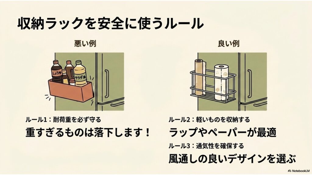 収納ラックを安全に使うルールのイラスト。悪い例として重すぎる液体調味料の収納、良い例としてラップやペーパーなど軽いものの収納を挙げ、耐荷重を守ることと通気性を確保することの重要性を説明している