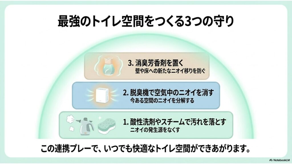 掃除、脱臭機、芳香剤を組み合わせたトイレのニオイ対策3ステップ