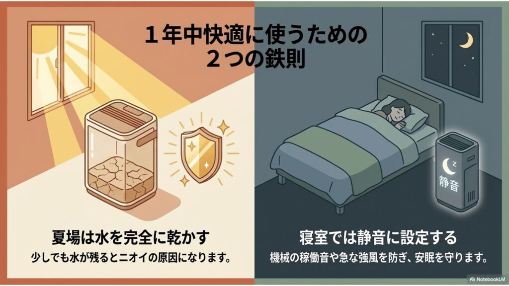 夏場は水を抜いて完全乾燥させることと、就寝時は静音モードに設定することの重要性を解説した昼夜の比較図