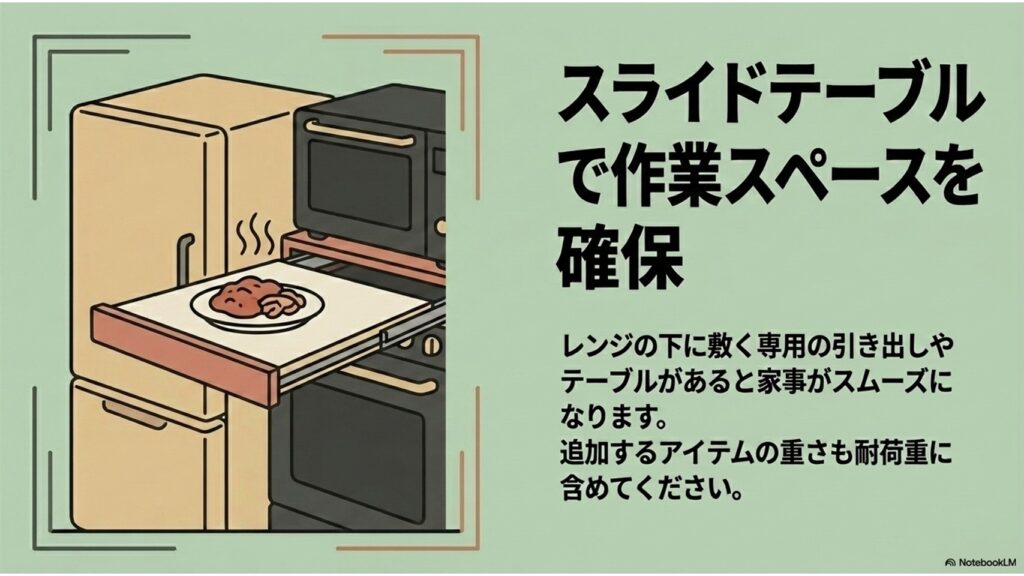 電子レンジの下から引き出されたスライドテーブルの上に料理が置かれているイラスト。スライドテーブルで作業スペースを確保することで家事がスムーズになること、追加するアイテムの重さも耐荷重に含めるよう書かれています