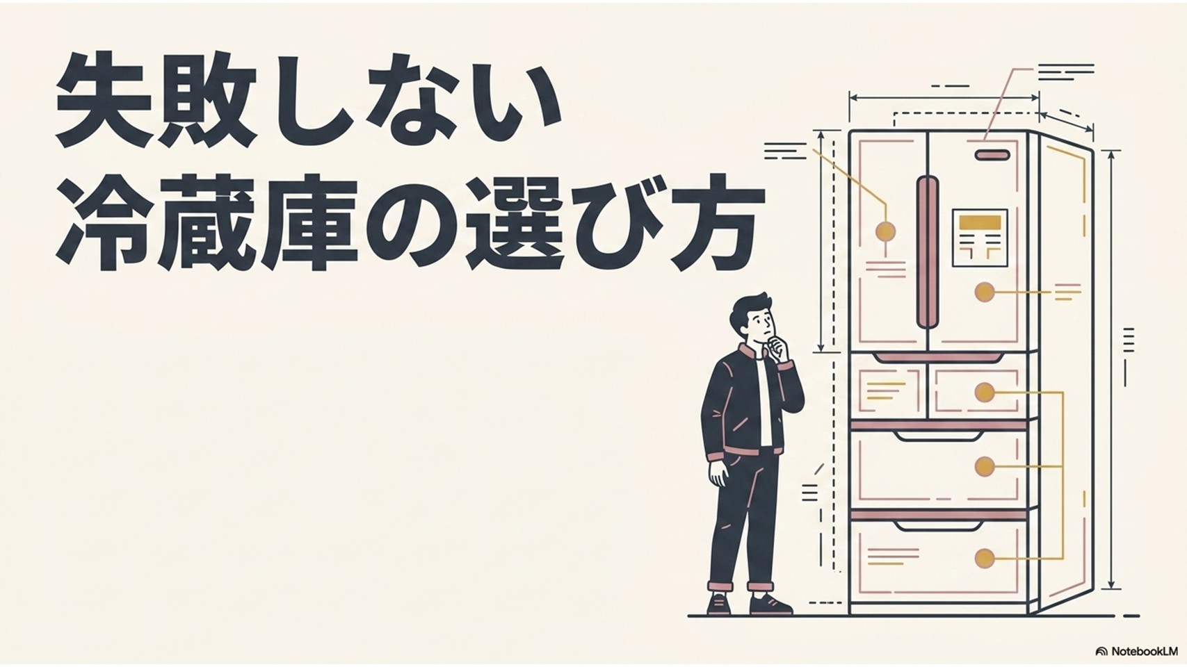 クリーム色の背景に「失敗しない冷蔵庫の選び方」という大きな太文字と、各パーツの寸法線が引かれた観音開きの冷蔵庫のイラスト、その横で顎に手を当てて考え込んでいる男性のイラスト