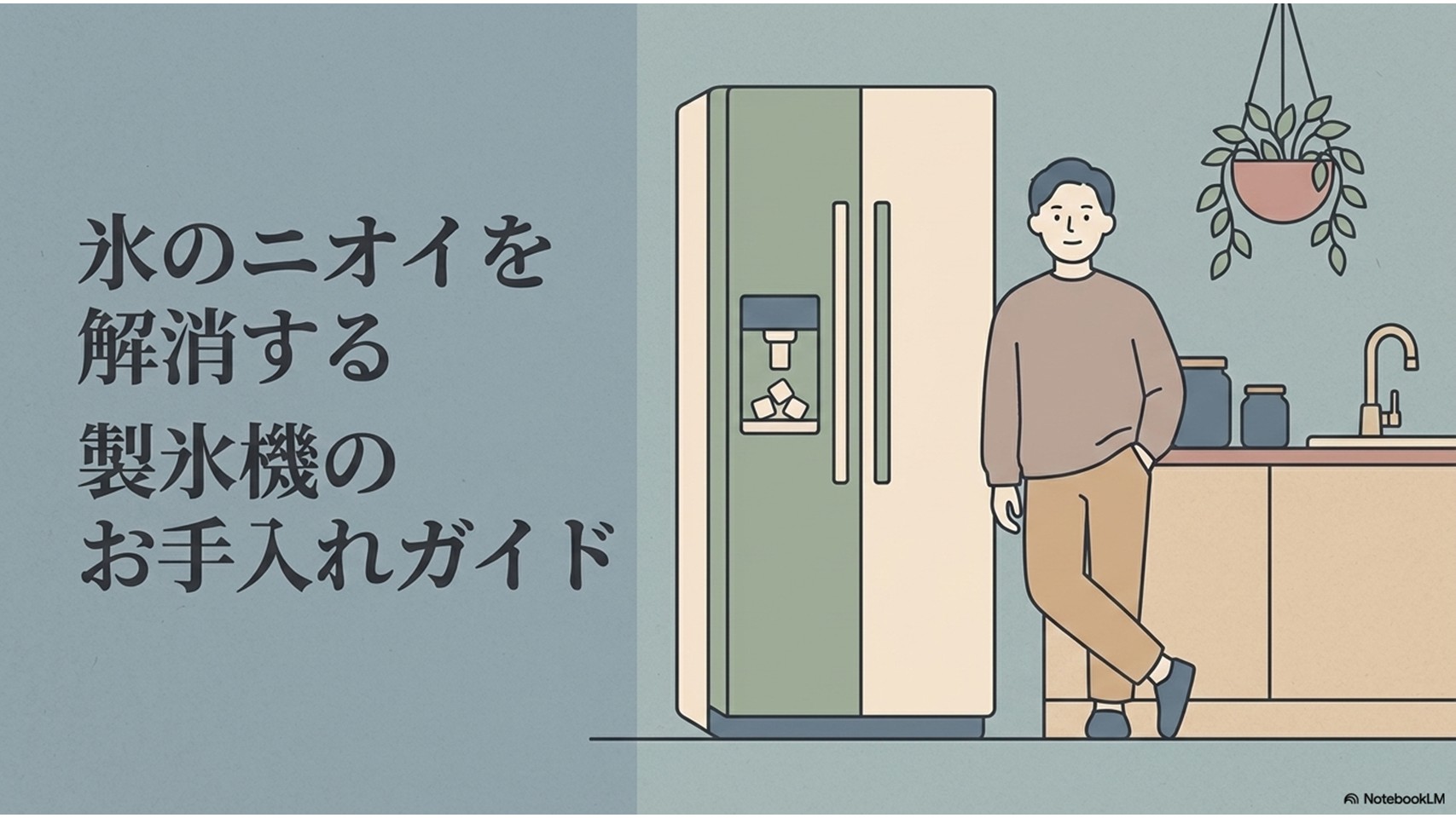 冷蔵庫の製氷機の氷のニオイを解消するためのお手入れ方法を示すアイキャッチ画像。冷蔵庫とキッチンに立つ男性が描かれている。