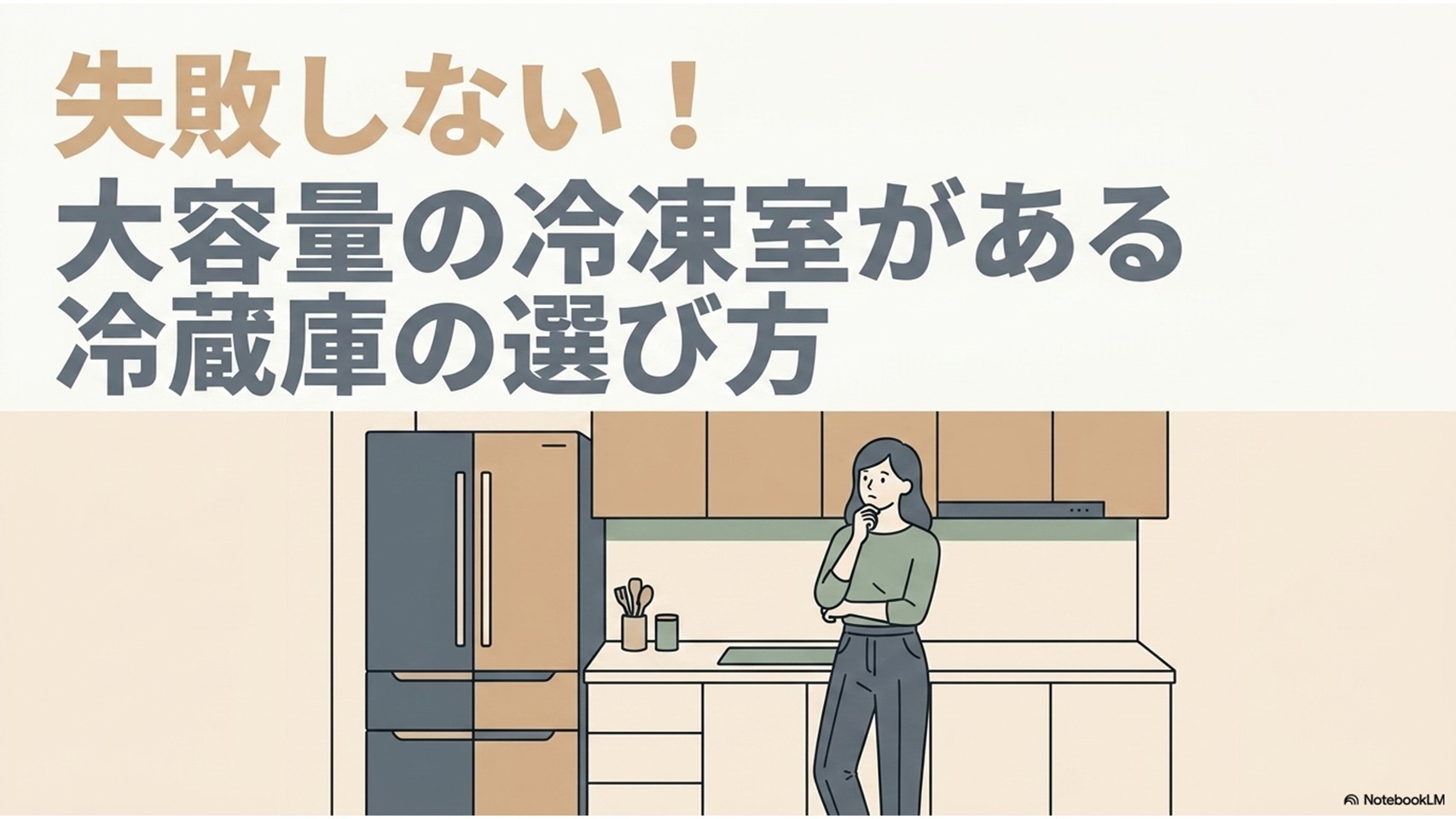 大容量の冷凍室がある冷蔵庫の選び方を、女性と冷蔵庫のイラストでわかりやすく示したアイキャッチ画像