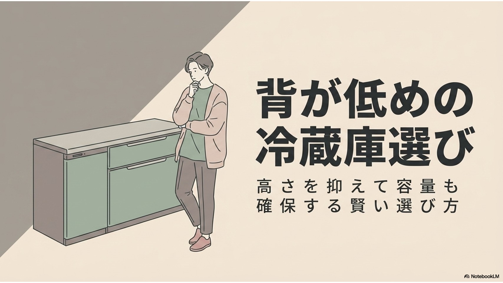 背が低めの冷蔵庫を選ぶ女性と、低めで使いやすい冷蔵庫をイメージしたアイキャッチ画像