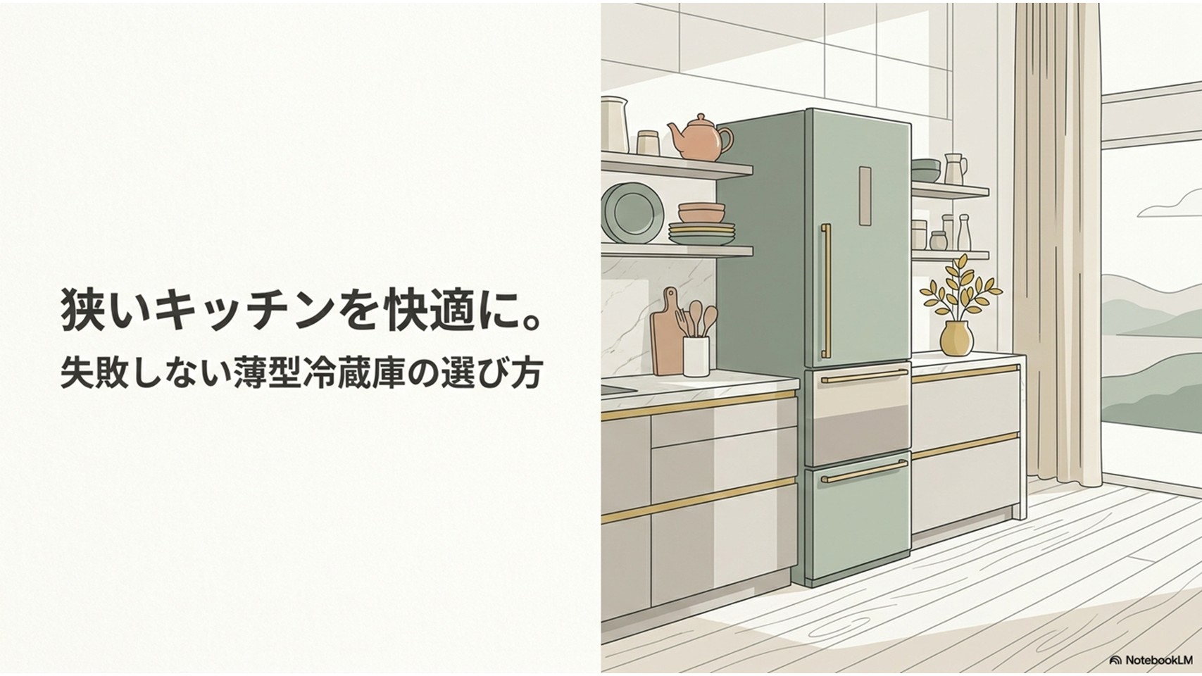 狭いキッチンに奥行きのスリムな冷蔵庫を置き、通路の圧迫感を減らして快適に使える様子を示したアイキャッチ画像