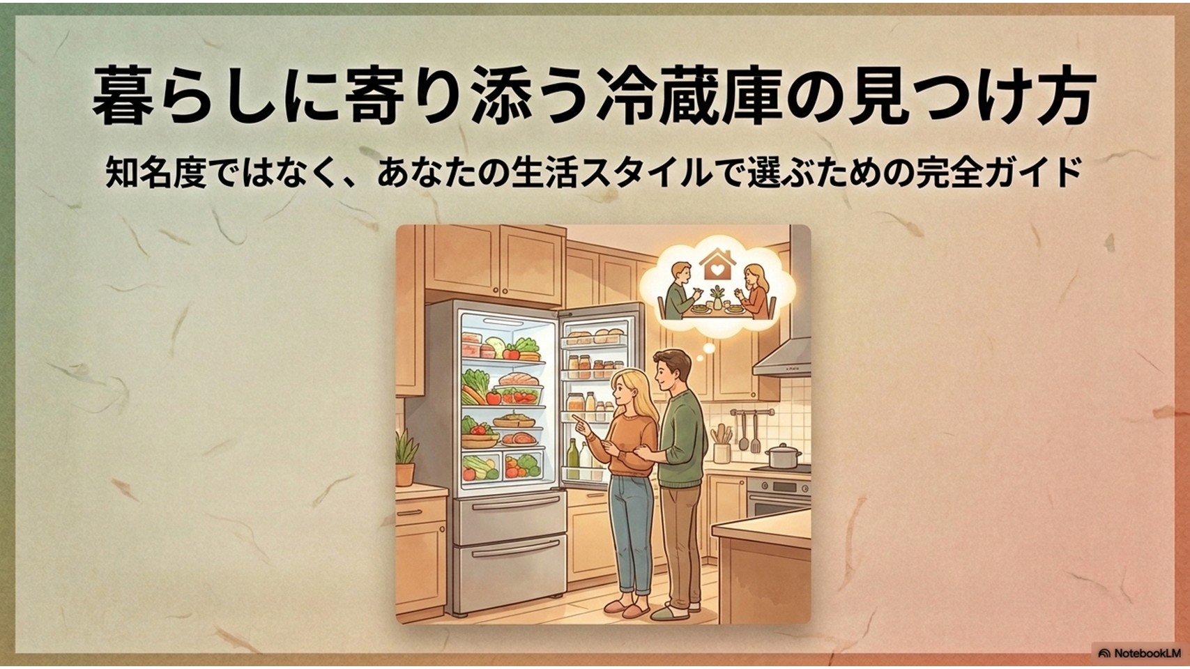 開いた冷蔵庫の前で夫婦が相談しているイラストと「暮らしに寄り添う冷蔵庫の見つけ方」の文字が描かれたアイキャッチスライド