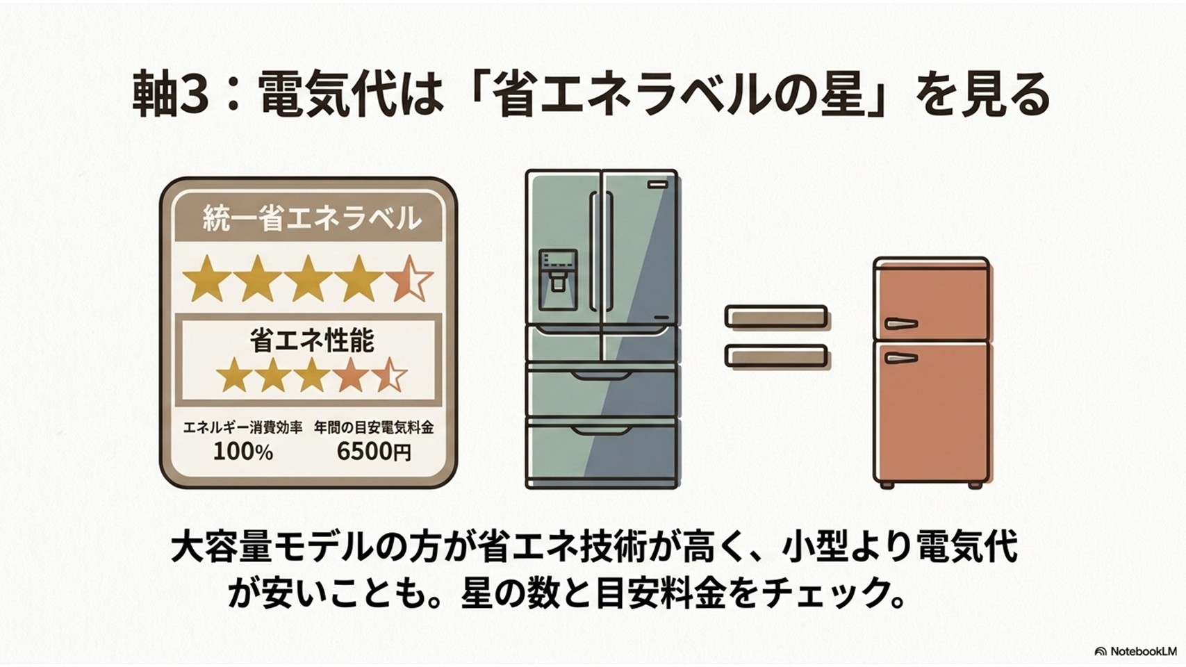 冷蔵庫の電気代は容量だけで判断せず、統一省エネラベルの星の数や年間の目安電気料金を確認することを説明したスライド