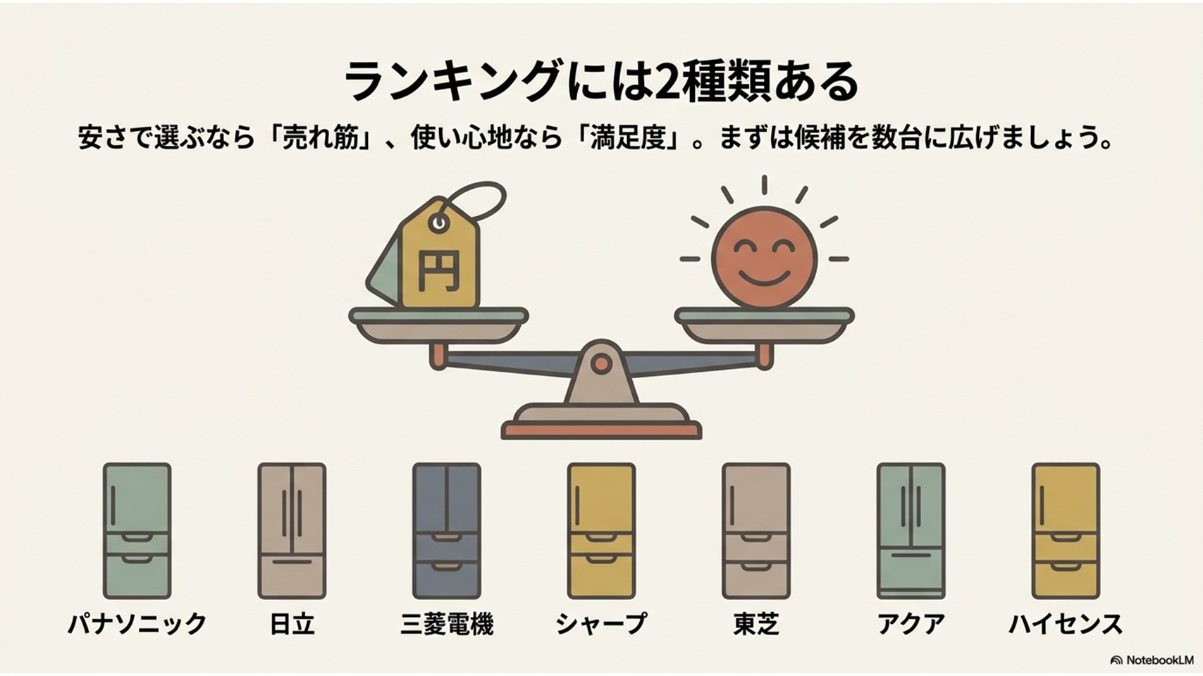冷蔵庫ランキングには売れ筋と満足度の2種類があり、安さ重視と使い心地重視で見るべき順位が異なることを示したスライド