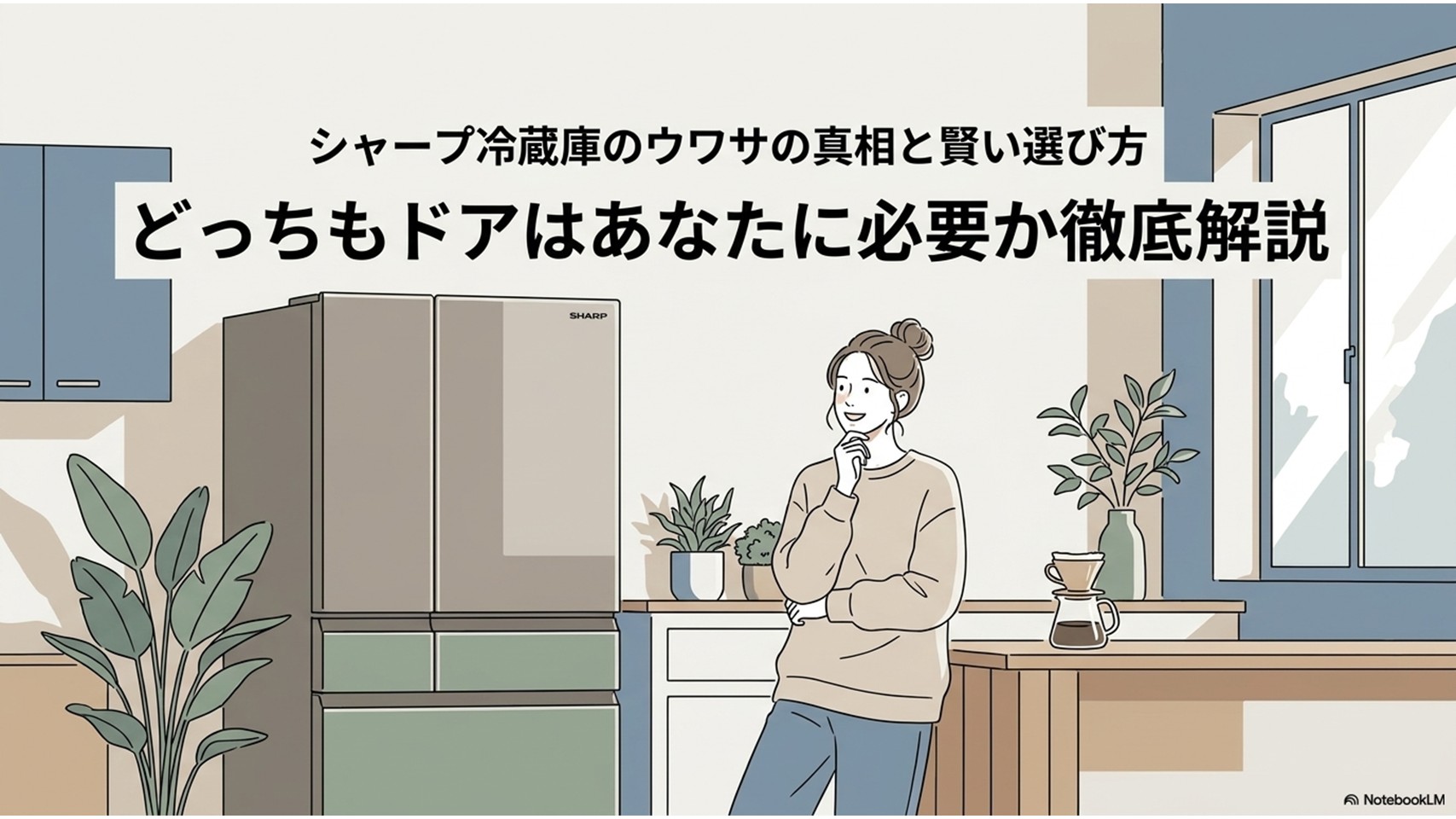 キッチンに置かれたシャープ冷蔵庫と女性のイラストで、どっちもドアが必要かを解説する記事全体の導入スライド