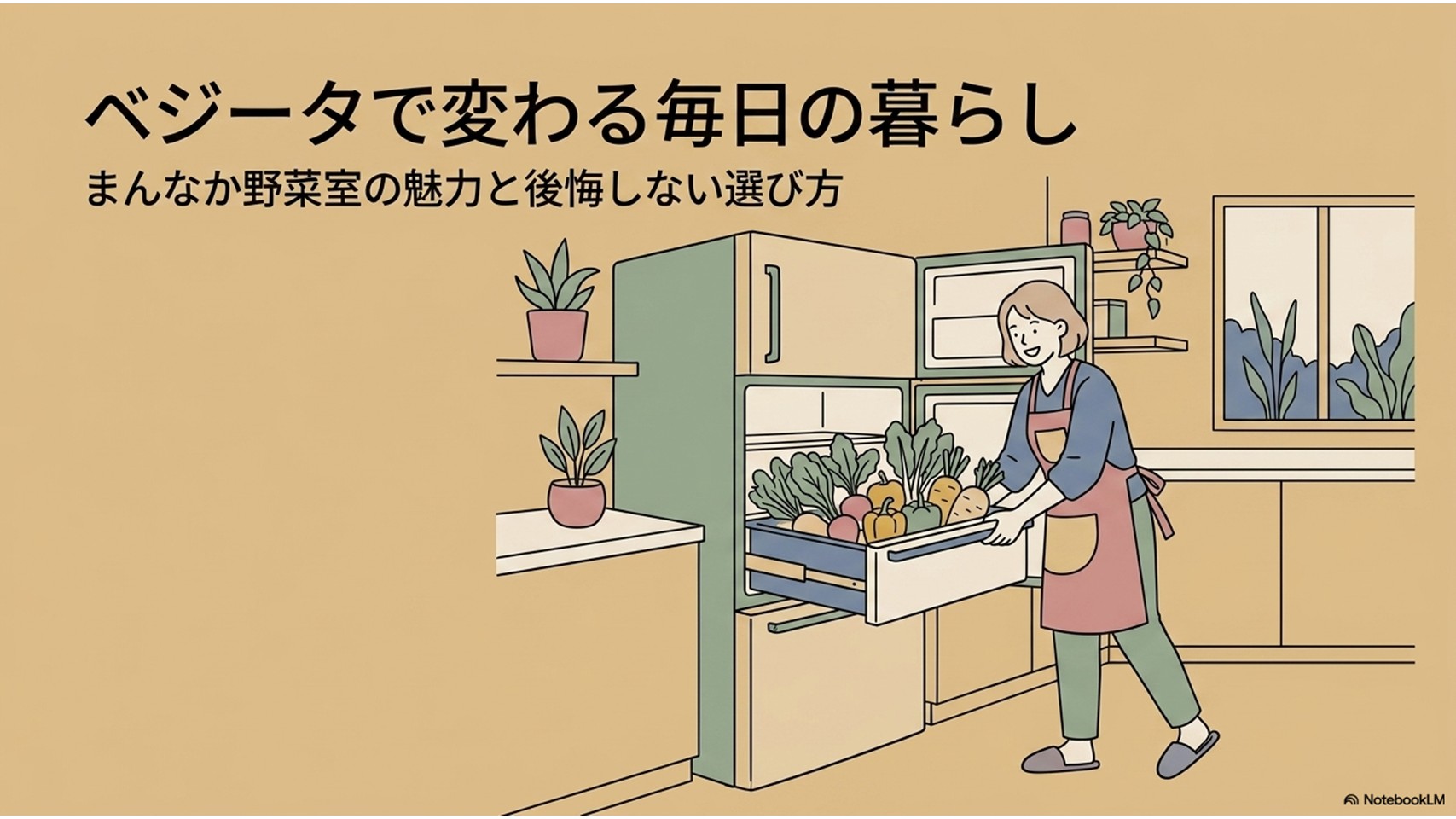 東芝ベジータのまんなか野菜室を開け、野菜を楽に出し入れしている女性を描いた導入用イメージ