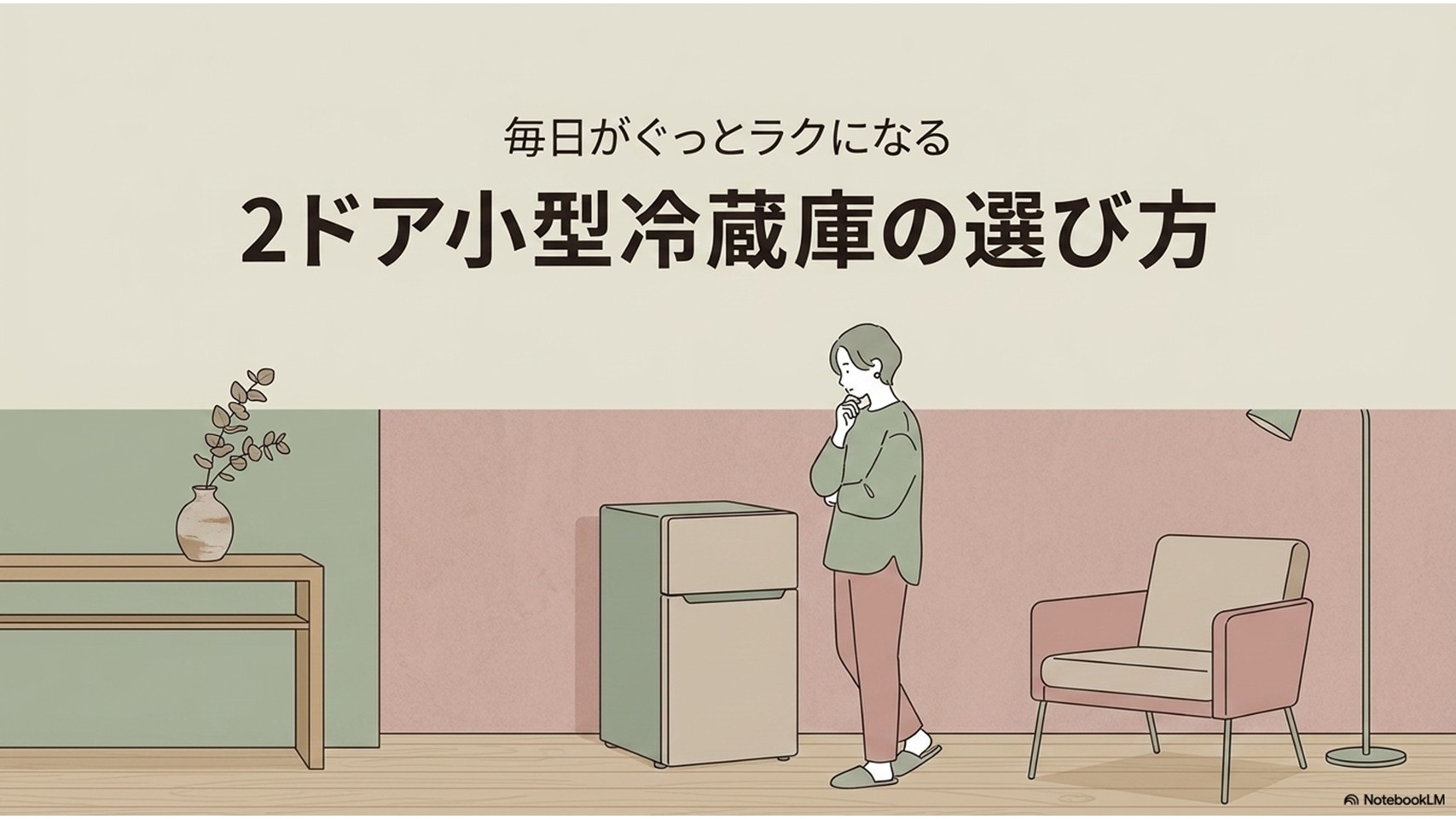 ワンルームの部屋に置いた小型2ドア冷蔵庫と、選び方を考える女性を描いたアイキャッチ画像