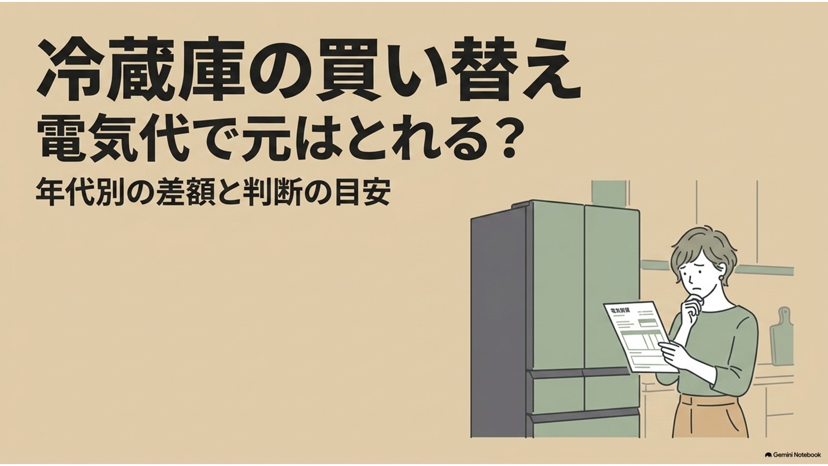 冷蔵庫の買い替えで電気代の元が取れるかを解説するアイキャッチ画像。電気代明細を見て悩む人物と冷蔵庫が描かれている。