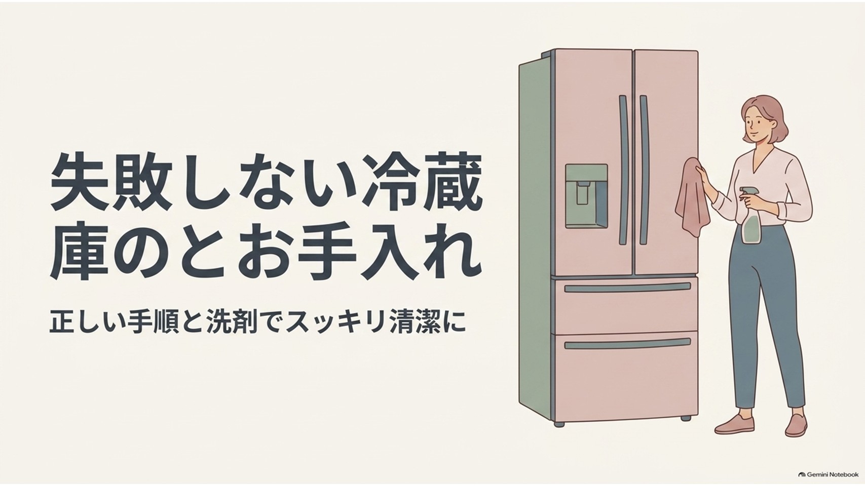 冷蔵庫の横で布とスプレーを持つ女性が立ち、正しい手順と洗剤で冷蔵庫を清潔に保つことを示したアイキャッチ画像。