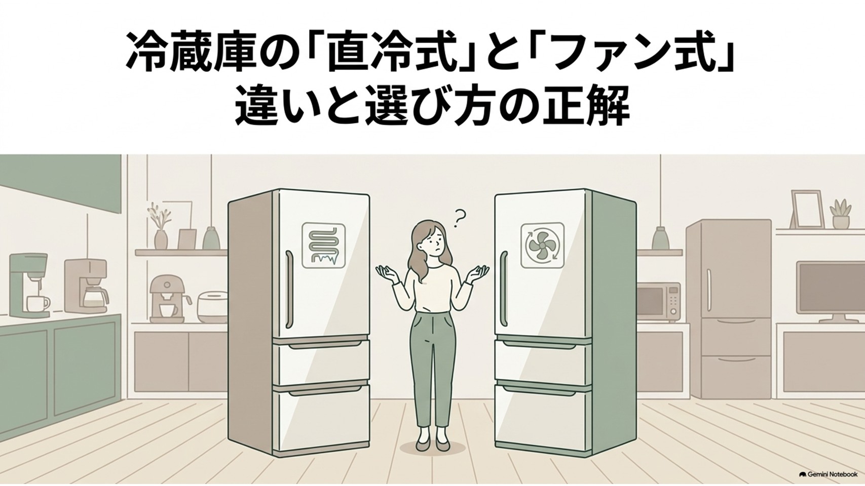 直冷式とファン式の冷蔵庫を前に、どちらを選ぶべきか迷っている女性を描いた画像。冷却方式の違いと選び方を示している。