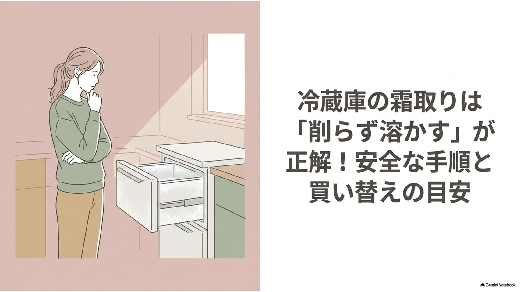 冷凍庫の引き出しが霜で開きにくくなった場面と、安全な霜取り手順や買い替え目安を示す記事冒頭用スライド。