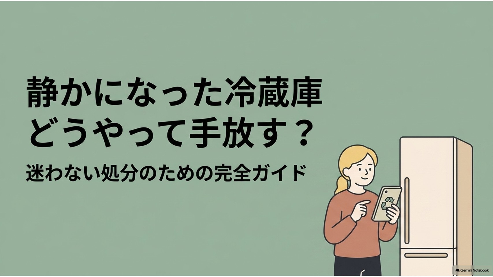 静かになった冷蔵庫を前に、スマホでリサイクル方法を確認する女性を描いたアイキャッチ画像。冷蔵庫の正しい処分方法を迷わず選ぶための完全ガイドを表している。