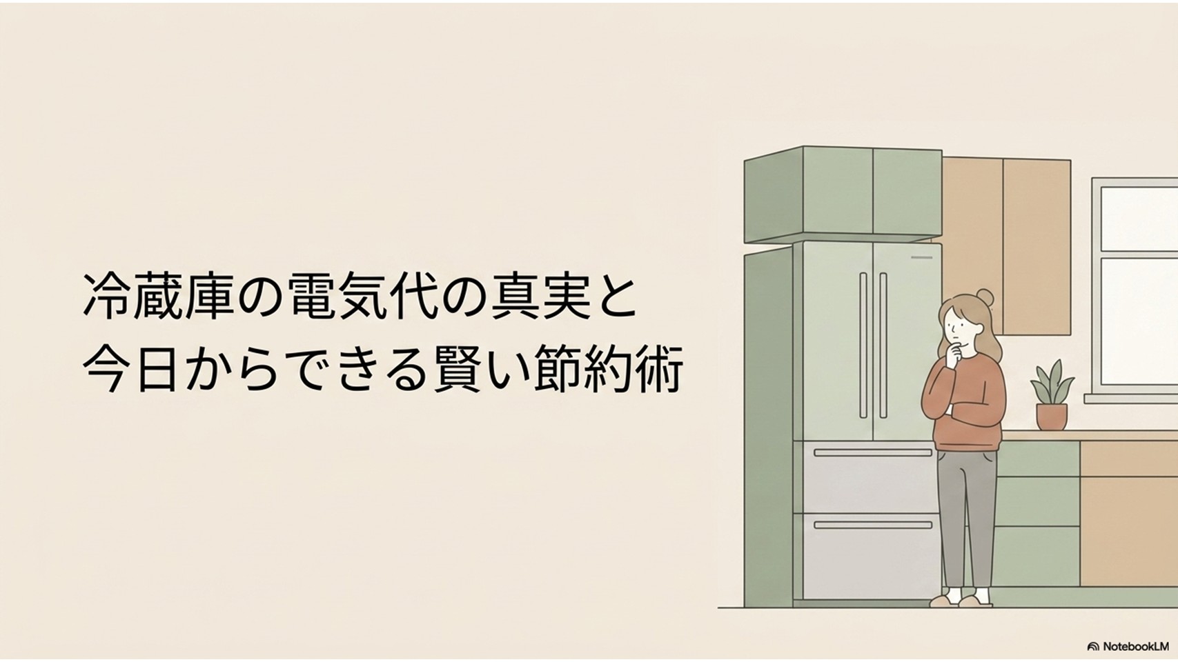冷蔵庫の電気代の真実と、今日からできる賢い節約術を紹介するアイキャッチ画像。