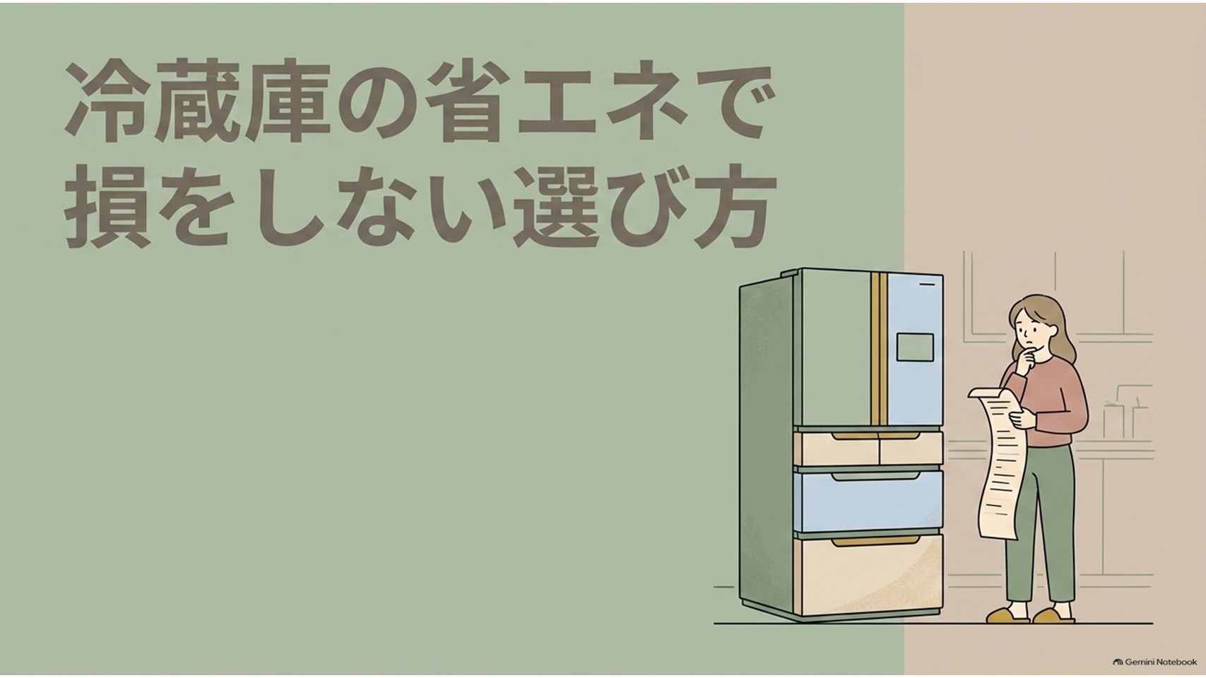 冷蔵庫の省エネで損しない選び方を示すスライド。冷蔵庫の前で考える女性とタイトルが描かれている。