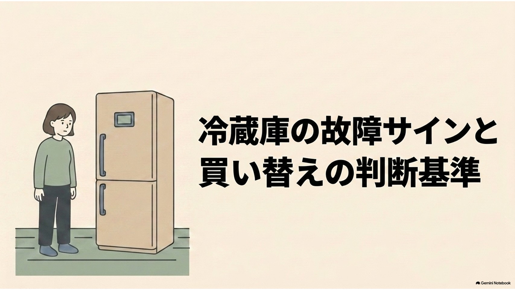 冷蔵庫の故障サインと買い替え判断基準を示すスライド。冷蔵庫の横に立つ人物と、故障前兆を解説する大きな見出しが配置されている。