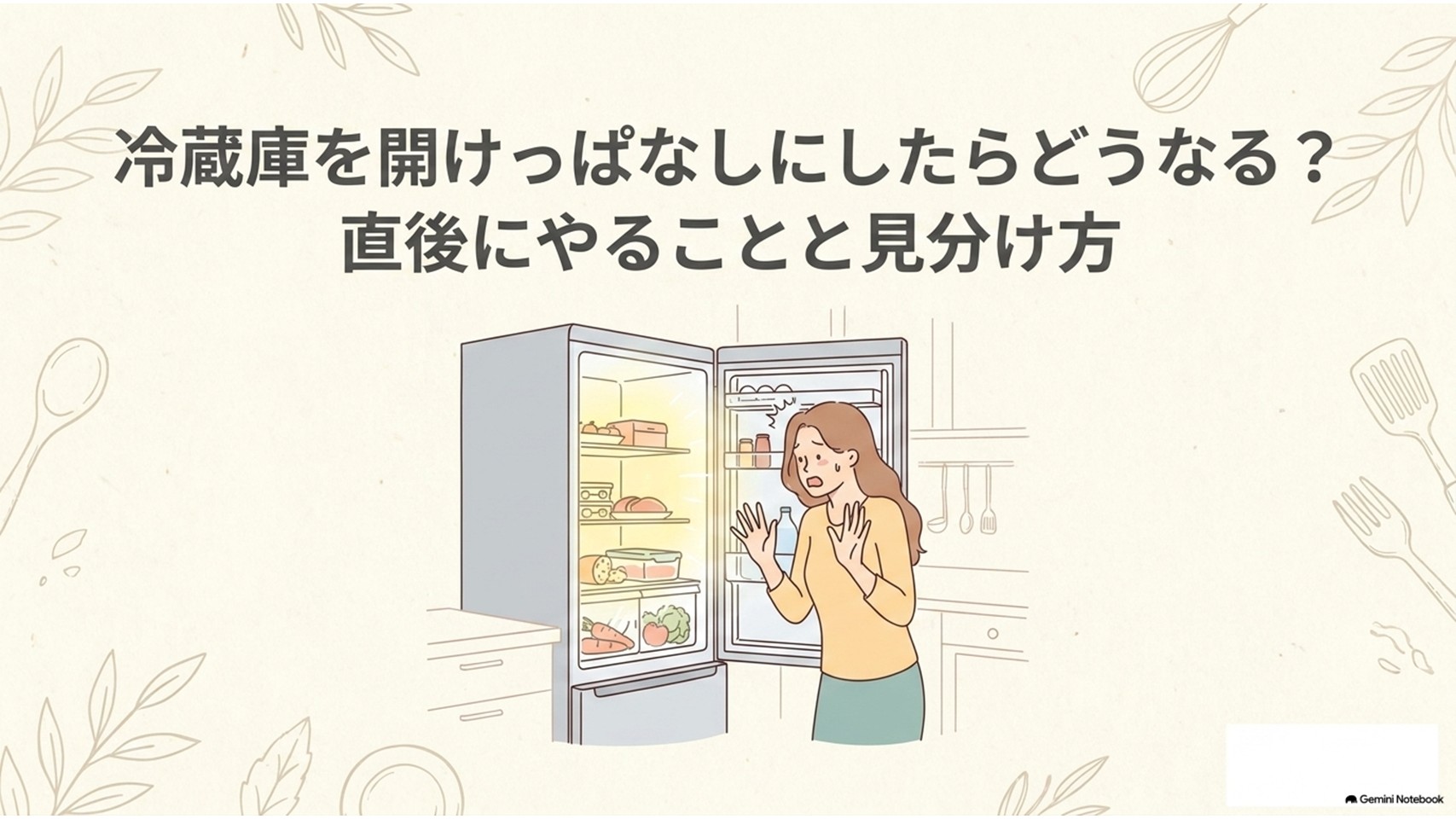 冷蔵庫の扉が開いたままになっていることに気づいた女性と、開けっぱなし時の確認ポイントを示す解説スライド。