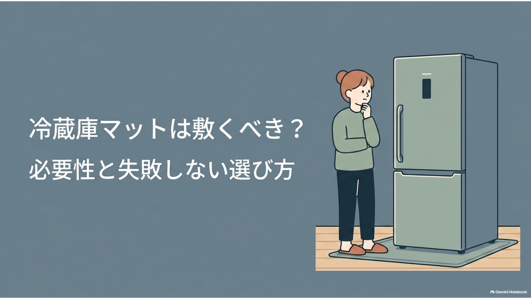 冷蔵庫の前で迷う女性と床保護マットを敷いた冷蔵庫を描いた画像。冷蔵庫マットの必要性と失敗しない選び方を示している。