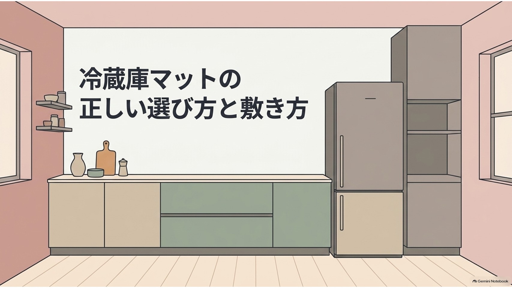キッチンに設置された冷蔵庫と「冷蔵庫マットの正しい選び方と敷き方」という文字を描いたスライド。冷蔵庫マットの必要性、素材、サイズ、購入先、正しい設置方法を解説する記事全体の導入を表している。
