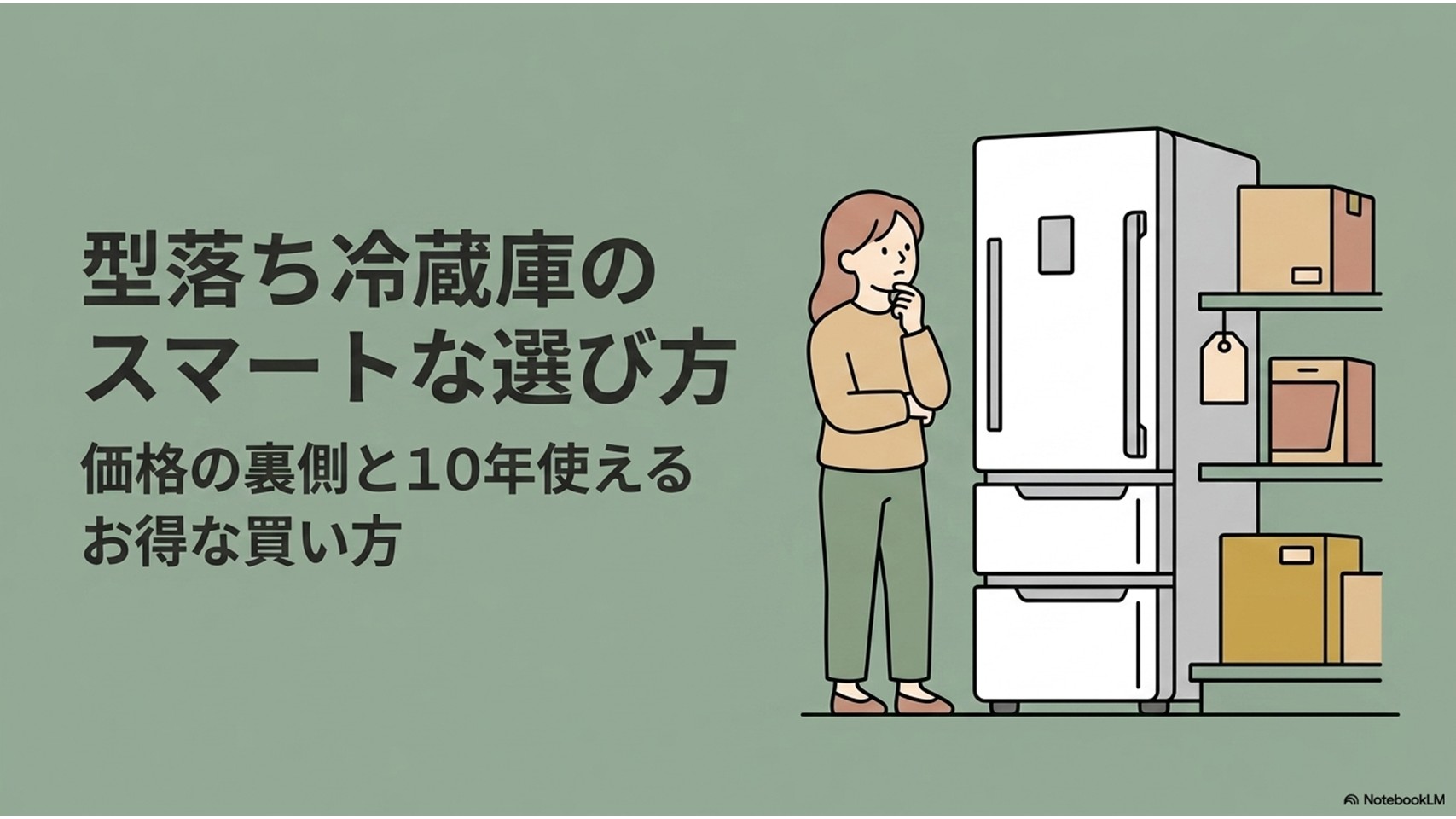 型落ち冷蔵庫やアウトレット冷蔵庫を検討する女性と大型冷蔵庫、在庫箱を描いたアイキャッチ画像。