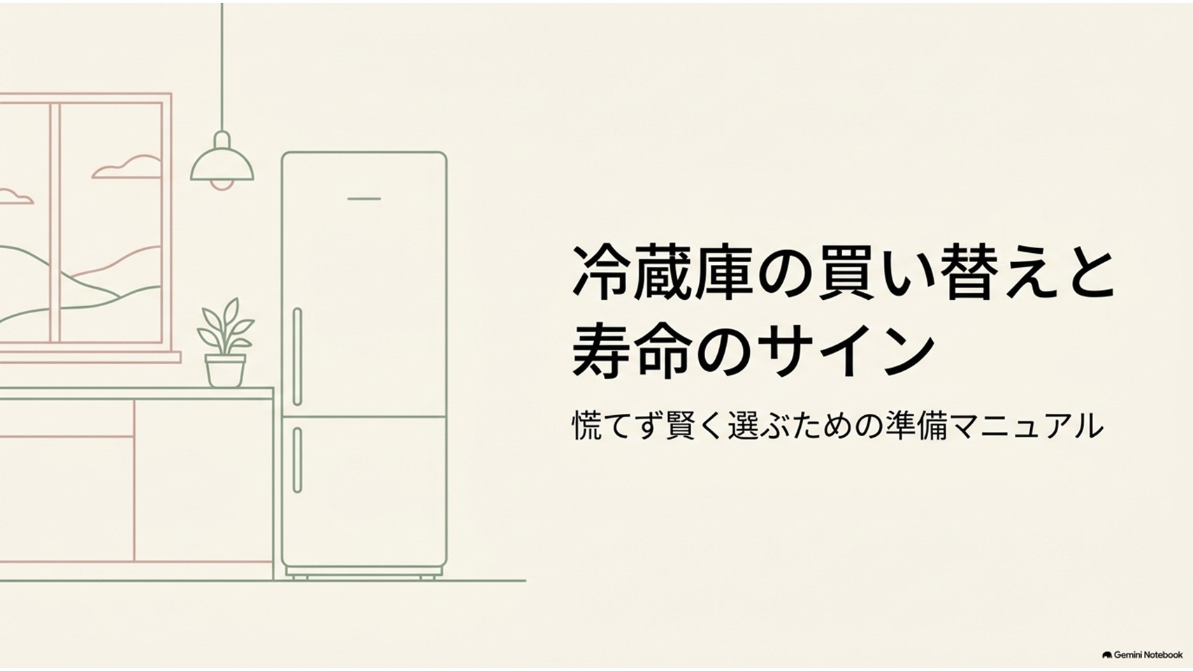 冷蔵庫の買い替えと寿命のサインをテーマにした導入スライド。キッチンに置かれた冷蔵庫のイラストと「慌てず賢く選ぶための準備マニュアル」という説明があり、故障前から買い替え準備を始める重要性を示している。