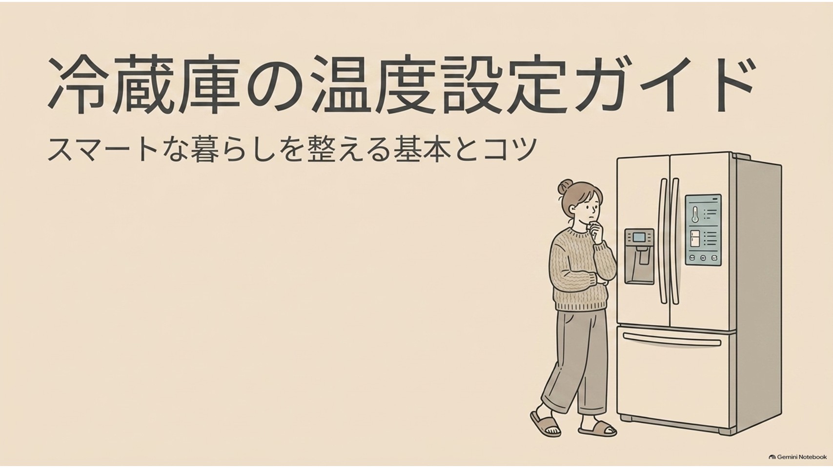 冷蔵庫の温度設定ガイドを紹介するスライド。大型冷蔵庫と温度設定について考える女性のイラストを配置し、冷蔵庫を適温で使うための基本とコツを解説する内容であることを示している。