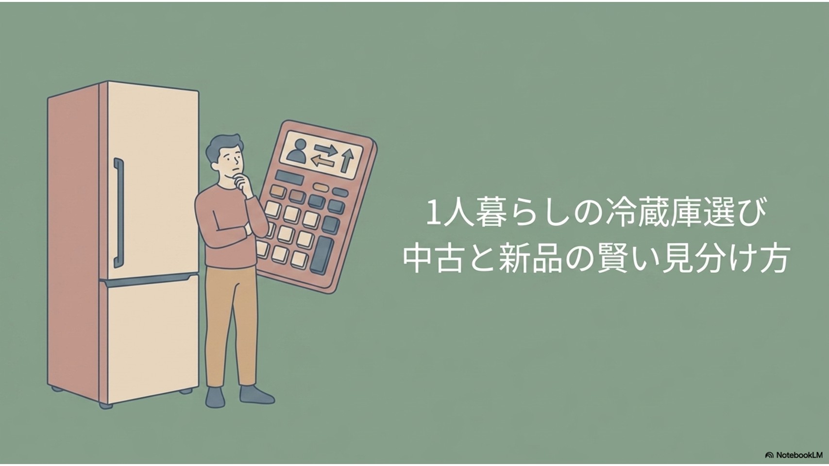 一人暮らし向けの冷蔵庫選びで、中古と新品の違いを比較するためのアイキャッチ画像。冷蔵庫と電卓を持つ人物が描かれている。