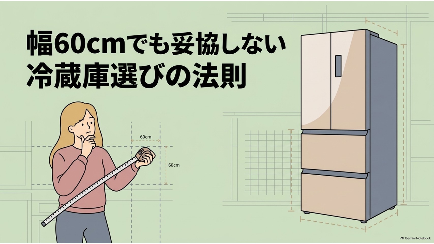 幅60cmの設置スペースをメジャーで測る女性とスリム冷蔵庫を描き、限られた幅でも容量や寸法を妥協せず冷蔵庫を選ぶポイントを示したスライド。