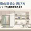 明るいキッチンに大型冷蔵庫を配置し、「AI冷蔵庫の機能と選び方」として暮らしに合った最新冷蔵庫の機能や選び方を紹介するスライド。