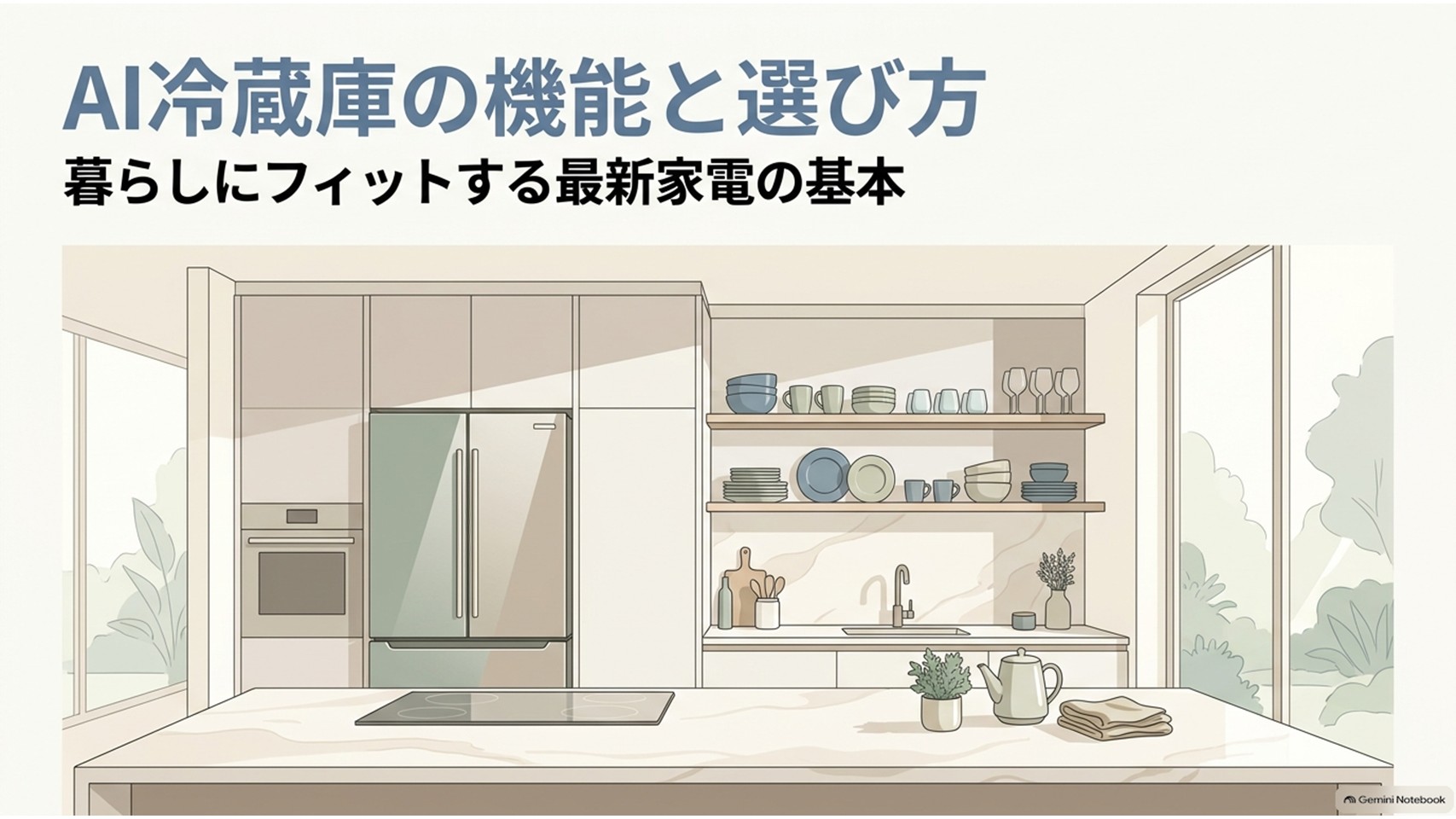 明るいキッチンに大型冷蔵庫を配置し、「AI冷蔵庫の機能と選び方」として暮らしに合った最新冷蔵庫の機能や選び方を紹介するスライド。