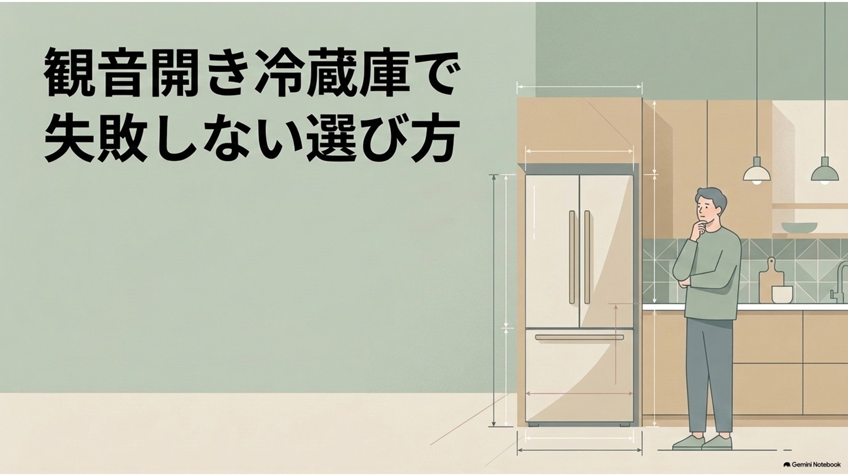 観音開き冷蔵庫の前で男性が設置幅や開閉スペースを確認している、失敗しない冷蔵庫選びを表したアイキャッチ画像。