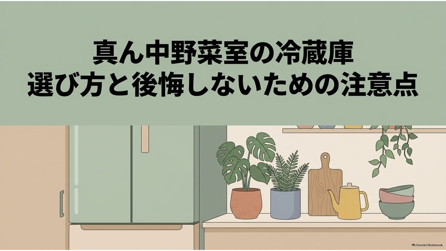 真ん中野菜室の冷蔵庫について、選び方と購入後に後悔しないための注意点を解説するスライド。真ん中に野菜室を配置した冷蔵庫とキッチンをイラストで表している。