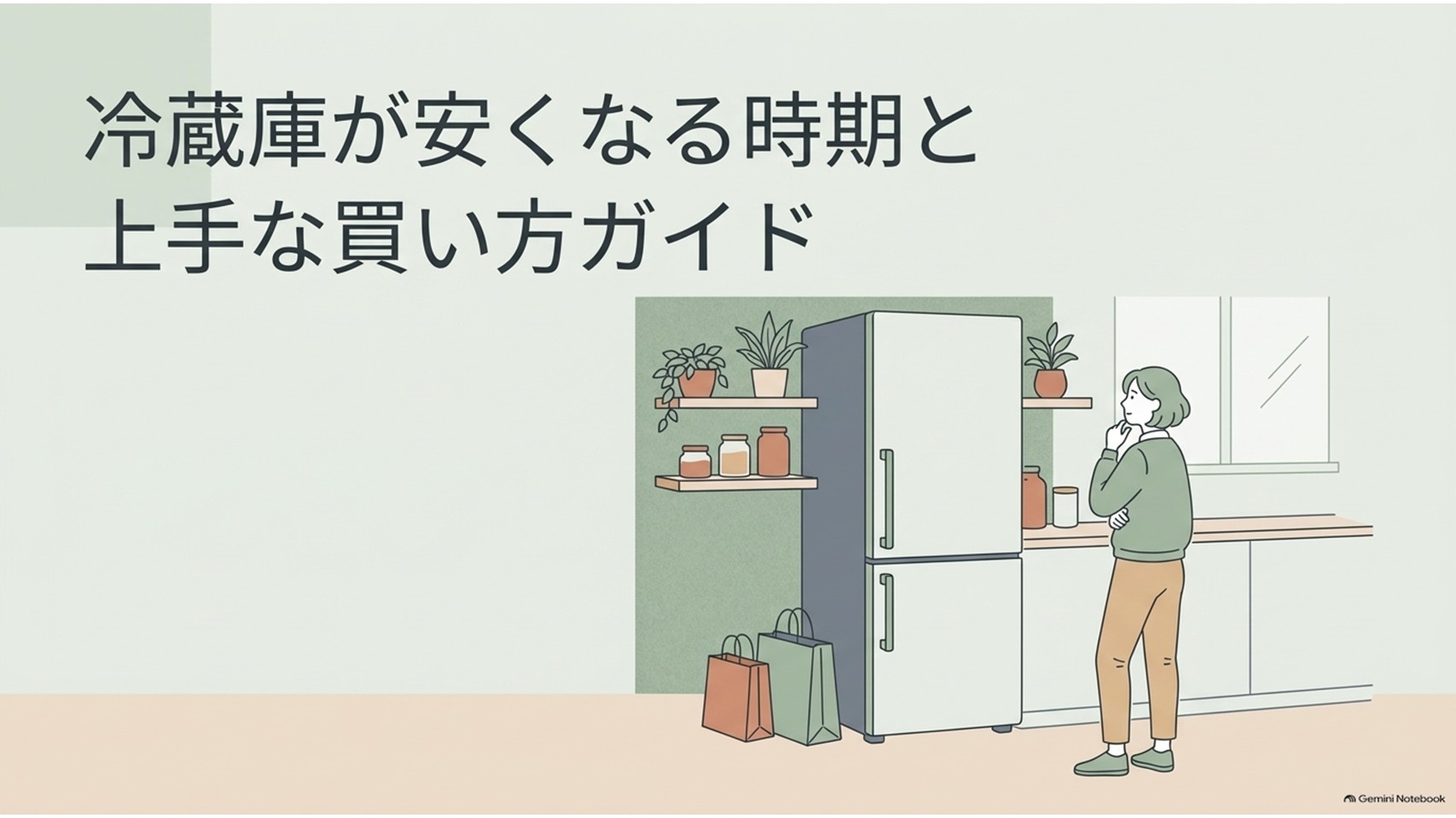 冷蔵庫が安くなる時期と上手な買い方を解説するスライド。キッチンに置かれた冷蔵庫と、買い替えを検討する女性、買い物袋が描かれている。